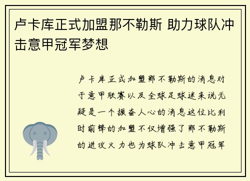 卢卡库正式加盟那不勒斯 助力球队冲击意甲冠军梦想